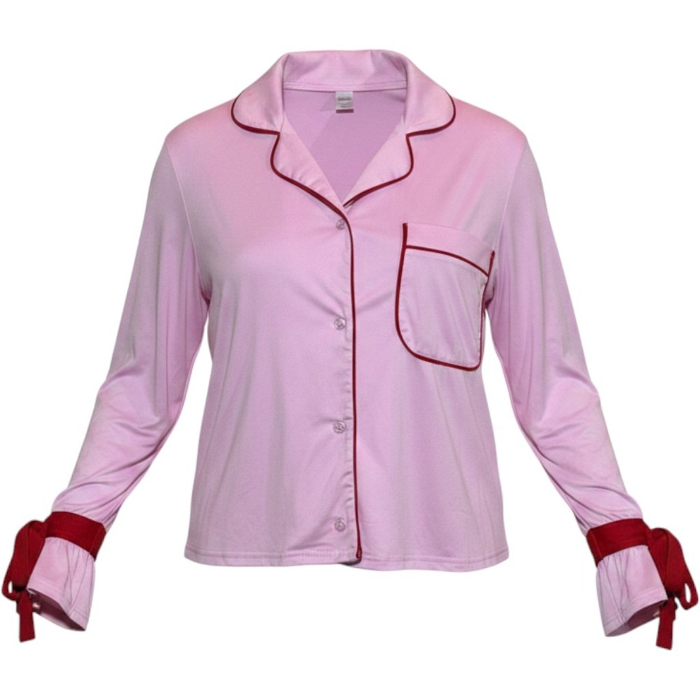 Pajama Set Women XXL Pink Red Poly Spandex Ruffle Hem Tie Cuff Loungewear Set